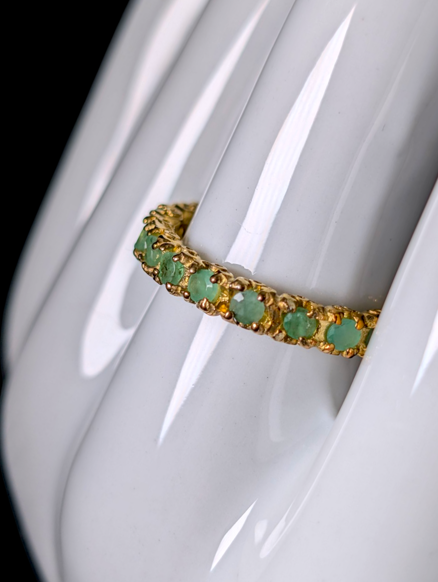 Vintage Inspired Round Cut Earth Mined Genuine Emerald 14k Yellow Gold over Sterling Eternity Band Ring