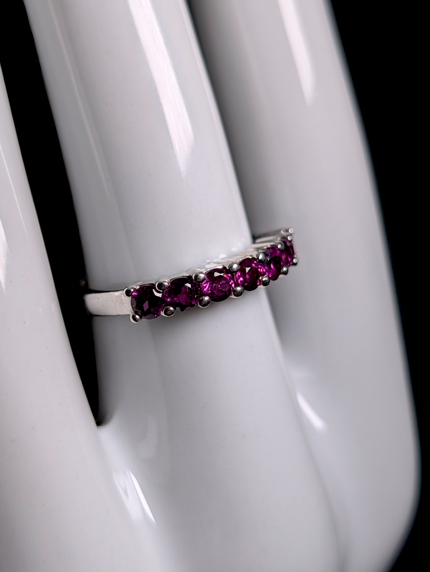Vintage Half Eternity Band Round Cut Genuine Rhodolite Garnet Sterling Silver Ring