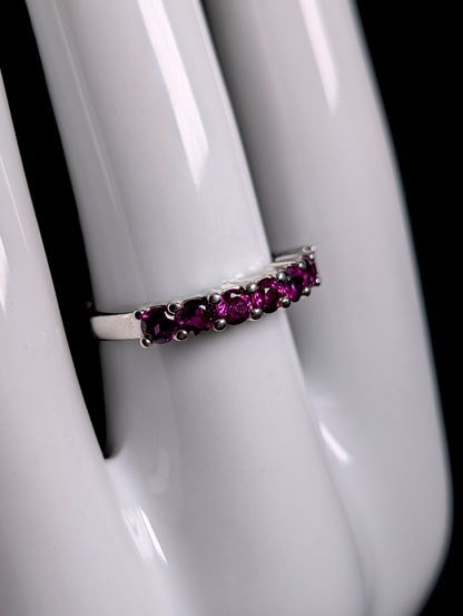 Vintage Half Eternity Band Round Cut Genuine Rhodolite Garnet Sterling Silver Ring