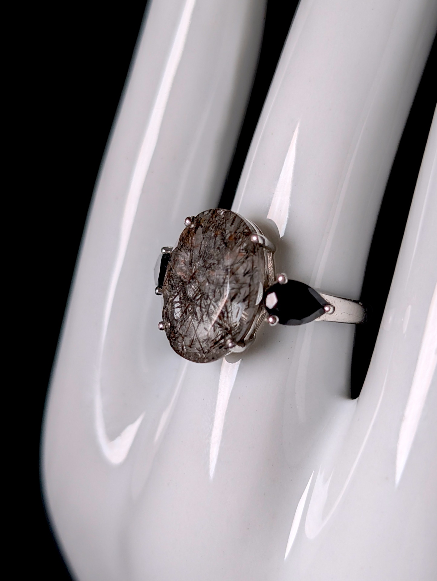 Vintage Oval Cut Earth Mined Genuine Rutilated Quartz and Black Onyx Sterling Silver Statement Ring
