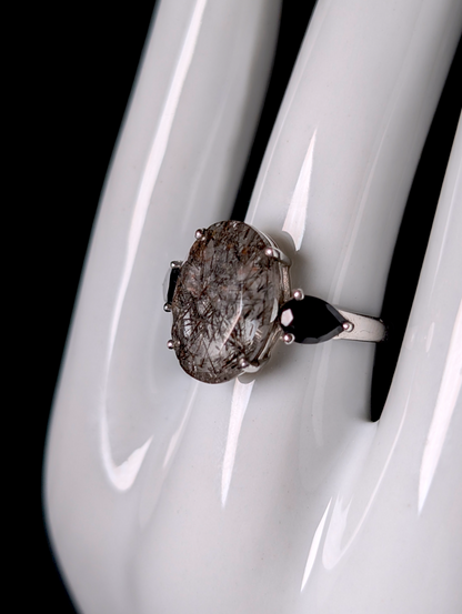 Vintage Oval Cut Earth Mined Genuine Rutilated Quartz and Black Onyx Sterling Silver Statement Ring