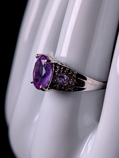 Vintage Oval Cut Genuine Purple Fluorite Solitaire with Tanzanite Accent Stones Sterling Silver Ring