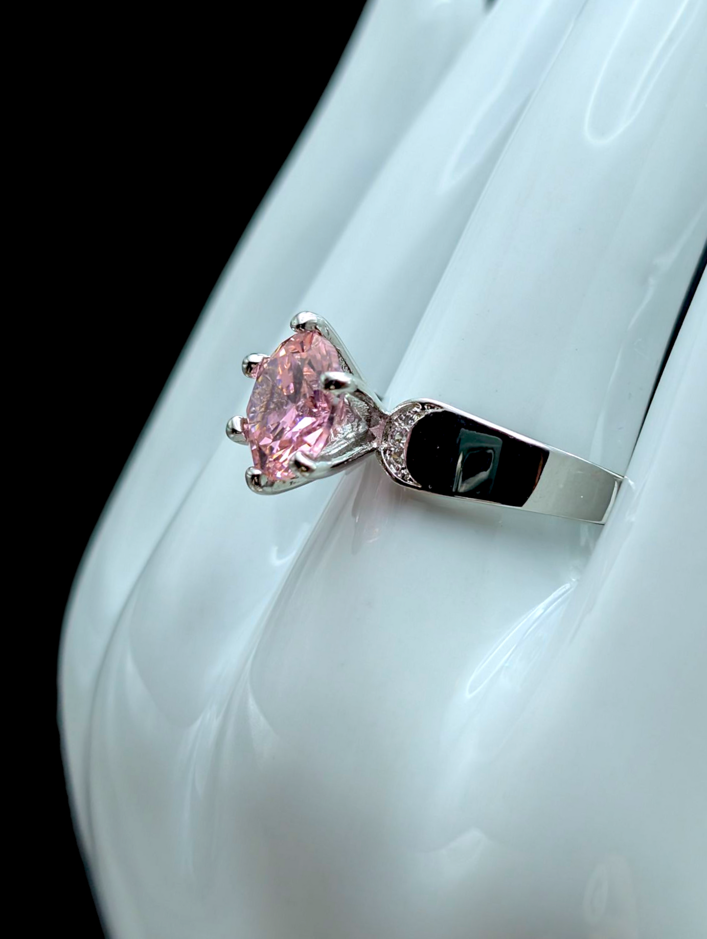 Vintage Large Solitaire Brilliant Round Cut Simulated Pink Sapphire Silver Toned Statement Cocktail Ring