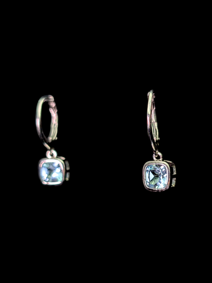 Vintage Princess Cut Genuine Sky Blue Topaz Sterling Silver Dangle Leverback Earrings