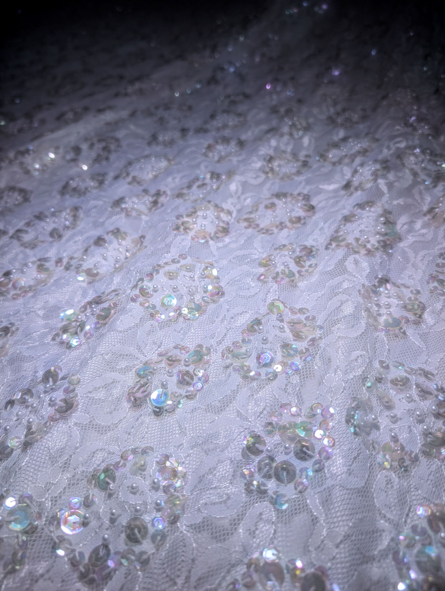 1980s-1990s Alfred Angelo Mystical Aurora Borealis Sequin and Pearl Beaded Sleeveless Vintage Wedding Dress with Cathedral Train