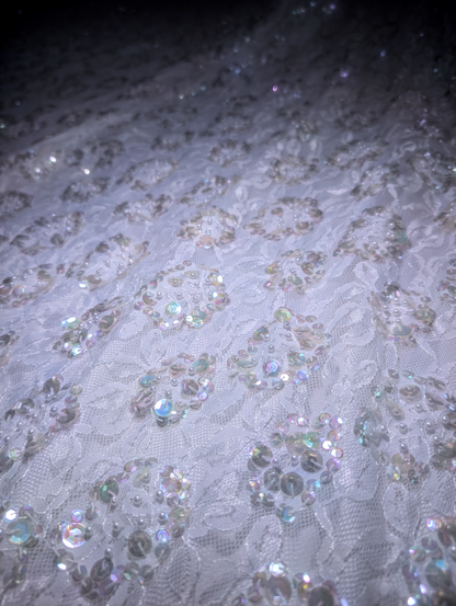1980s-1990s Alfred Angelo Mystical Aurora Borealis Sequin and Pearl Beaded Sleeveless Vintage Wedding Dress with Cathedral Train