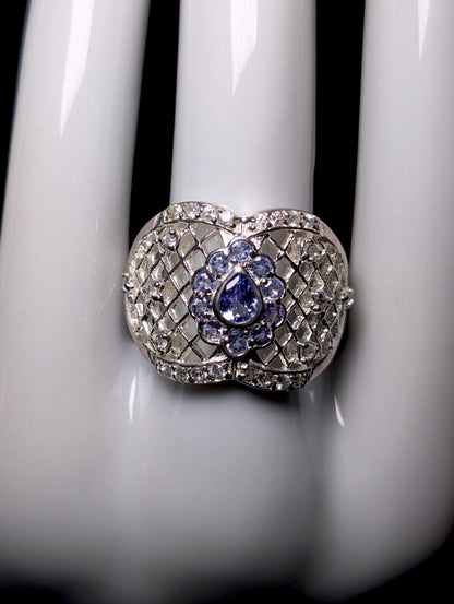 Vintage Pear Cut Genuine Tanzanite Solitaire with Basket Weave Filigree Sterling Silver Ring