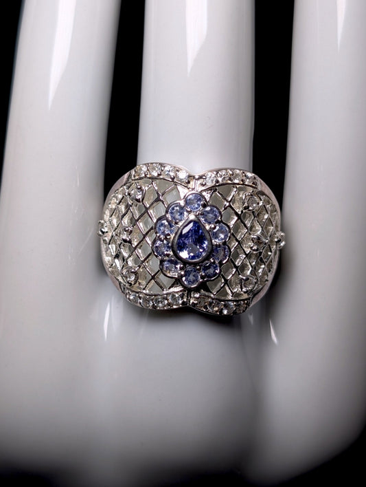 Vintage Pear Cut Genuine Tanzanite Solitaire with Basket Weave Filigree Sterling Silver Ring
