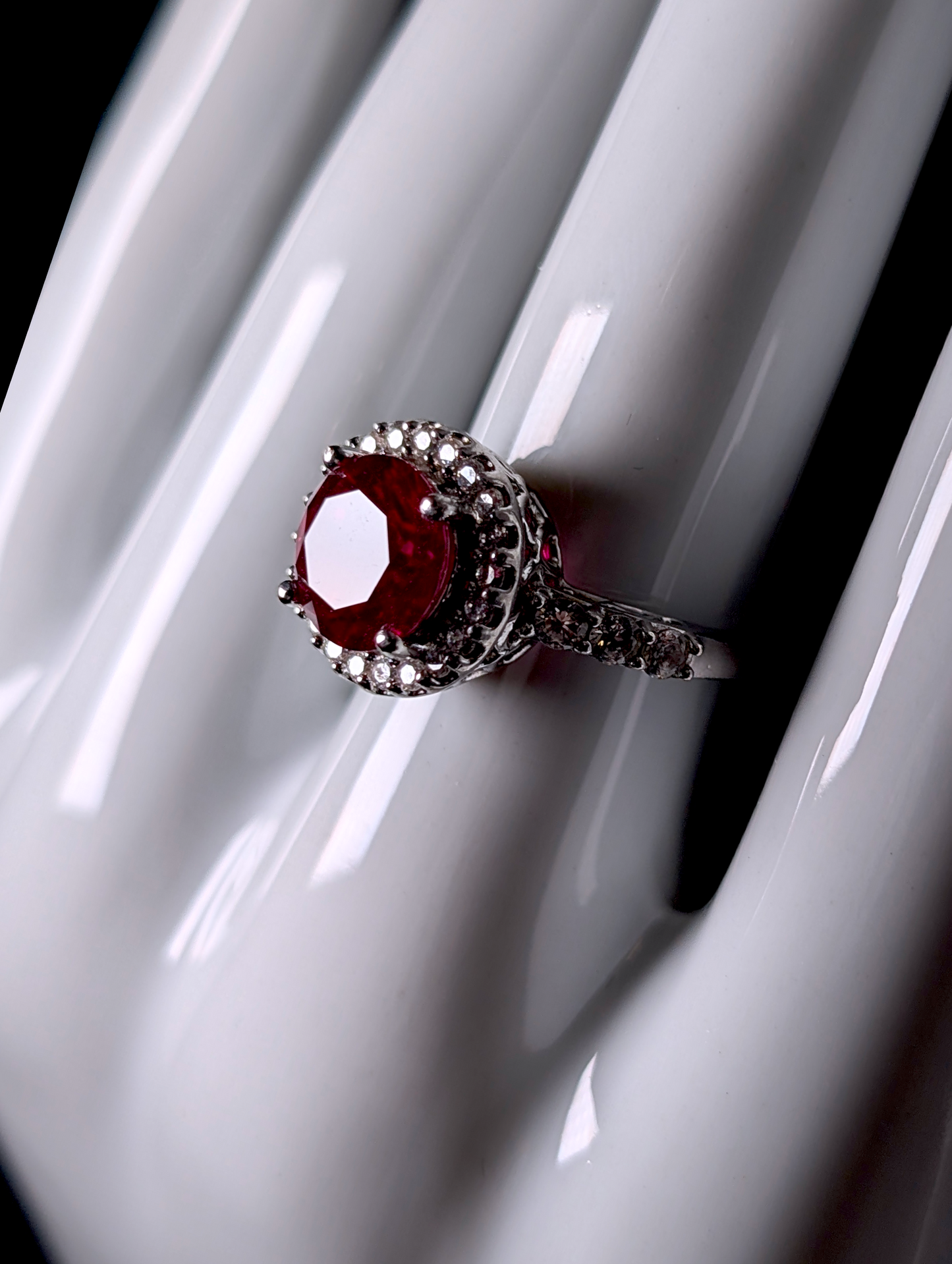 Vintage Princess Cut Genuine Ruby Solitaire and Simulated Diamond Halo Sterling Silver Ring
