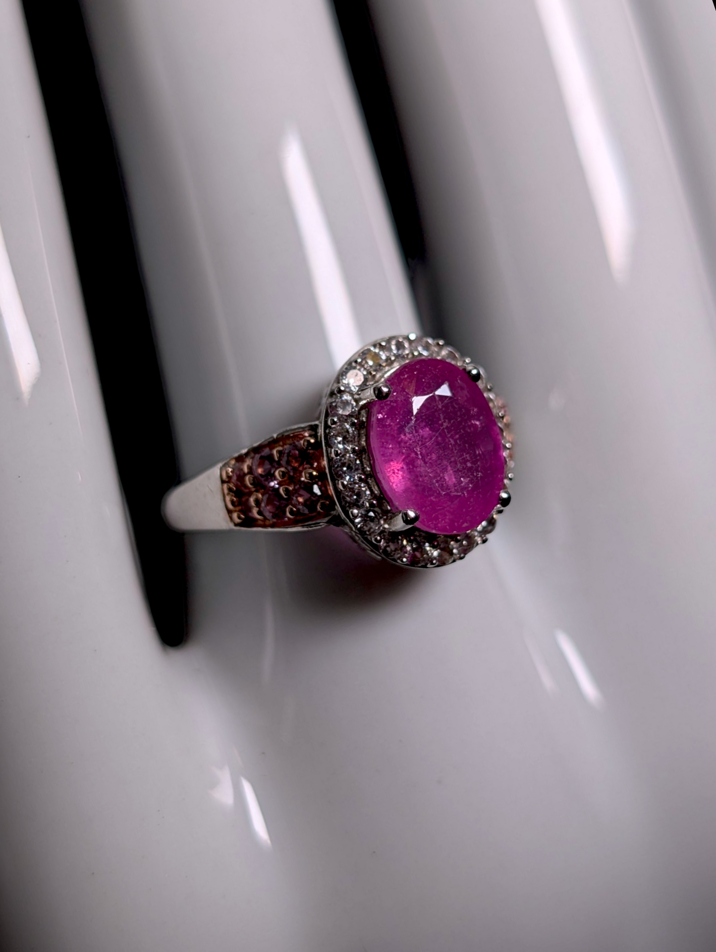 Vintage Oval Cut Earth Mined Genuine Ruby, Pink Sapphire and White Topaz Halo Sterling Silver Statement Ring