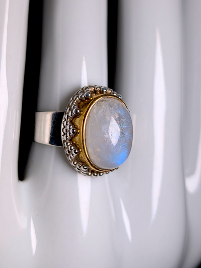 Vintage Cabochon Cut Genuine Moonstone 18k Yellow Gold Vermeil and Sterling Silver Ring