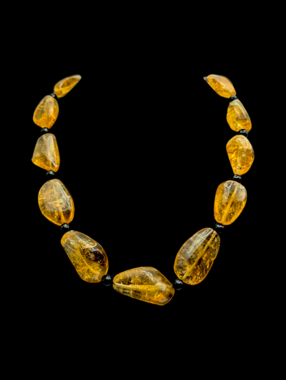 Vintage Polished Earth Mined Genuine Golden Citrine Nugget and Black Onyx Bead Sterling Silver Statement Necklace