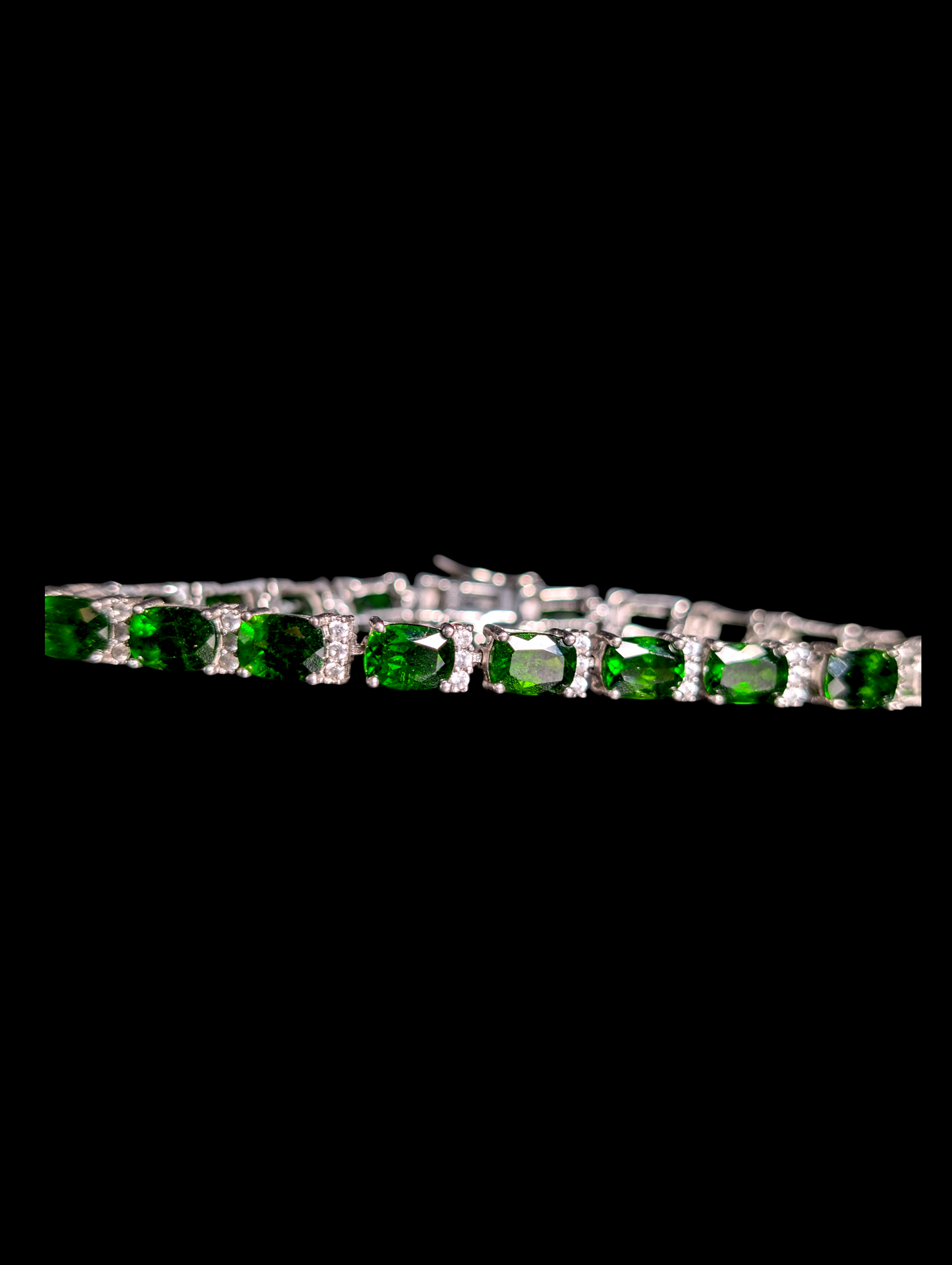 Vintage Inspired 17+ Carat Oval Cut Earth Mined Emerald Green Genuine Chrome Diopside and White Zircon Sterling Silver Tennis Bracelet with 14k White Gold Safety Chain