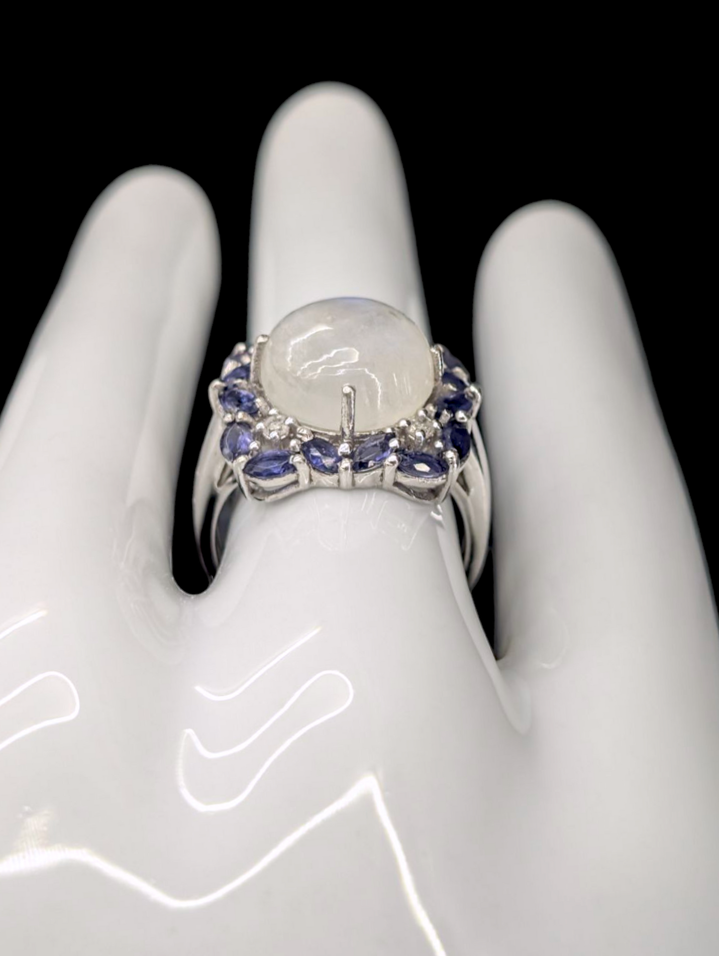 Vintage Large Genuine White Rainbow Moonstone and Tanzanite with Diamond Rhodium over Sterling Silver Ring