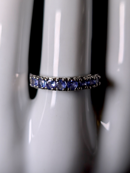 Vintage Half Eternity Band Round Cut Earth Mined Genuine Tanzanite Sterling Silver Ring