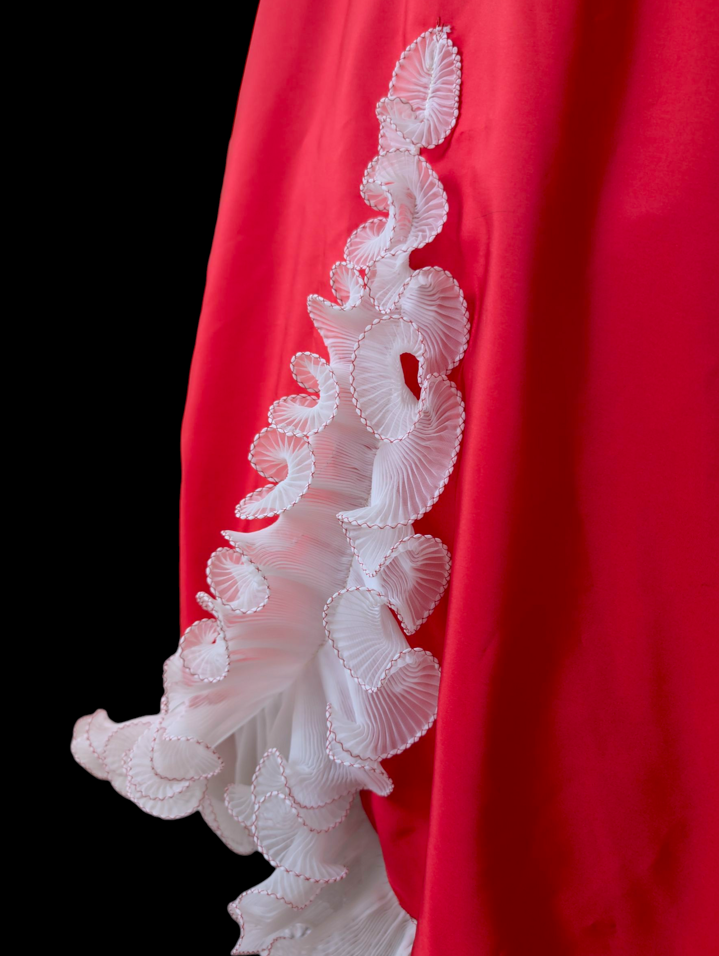 1960s-1970s Vintage Red Dress with White Ruffle Trim Details, One Sleeve, and Full Skirt Holiday Christmas Ball Gown
