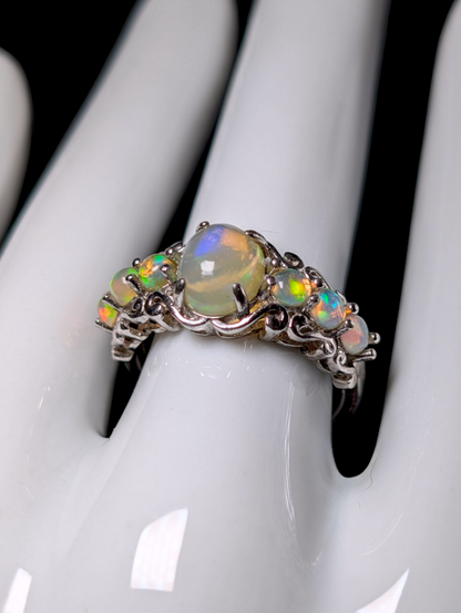Vintage Fantasy Cabochon Cut Genuine Jelly Opal Sterling Silver Filigree Ring