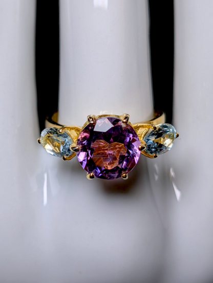 Vintage Large Round Brilliant Cut Genuine Amethyst and Sky Blue Topaz Accompaniments 14k Yellow Gold over Sterling Statement Ring