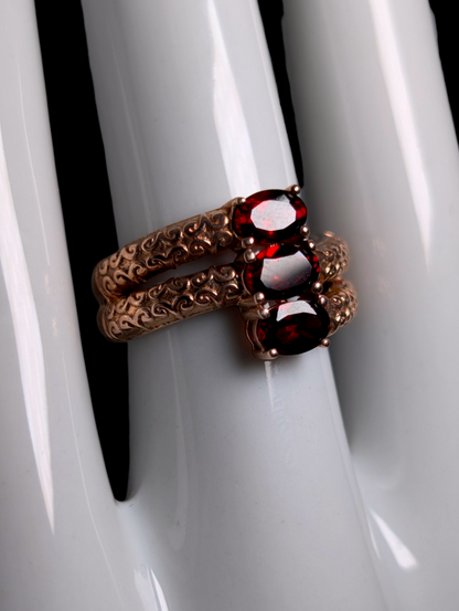 Vintage Three Stone Oval Cut Genuine Garnet Rose Gold Over Sterling Silver Ring