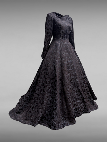 1940s-1950s "The Phoenix" Black Wedding Dress with Damask Silk Embossed Maple Leaves