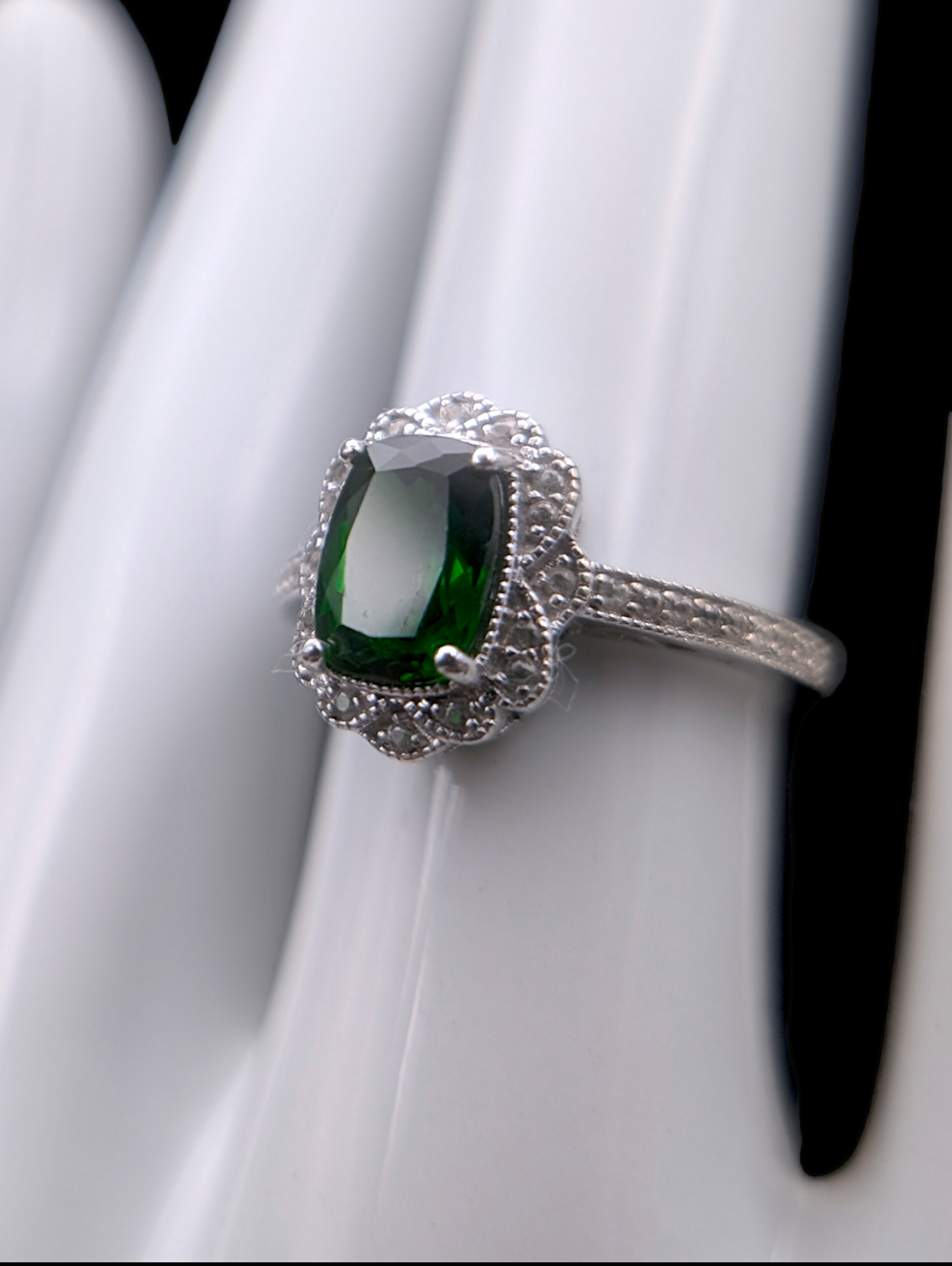 Edwardian Inspired Radiant Cut Green Chrome Diopside and White Topaz Halo Sterling Silver Ring