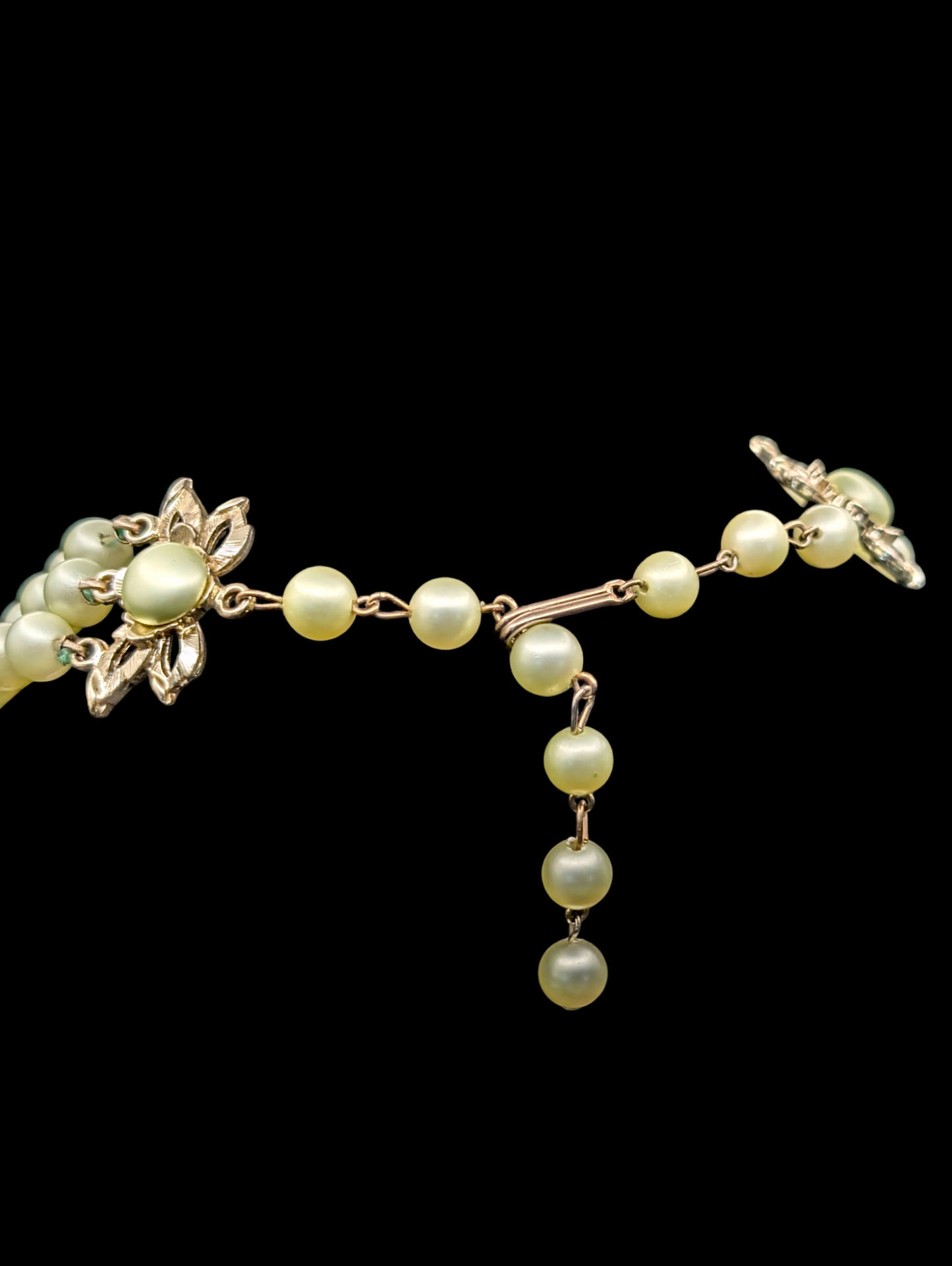 1950s Seafoam Green Freshwater Faux Pearl 3 Strand Necklace with Aurora Borealis Crystal Beads