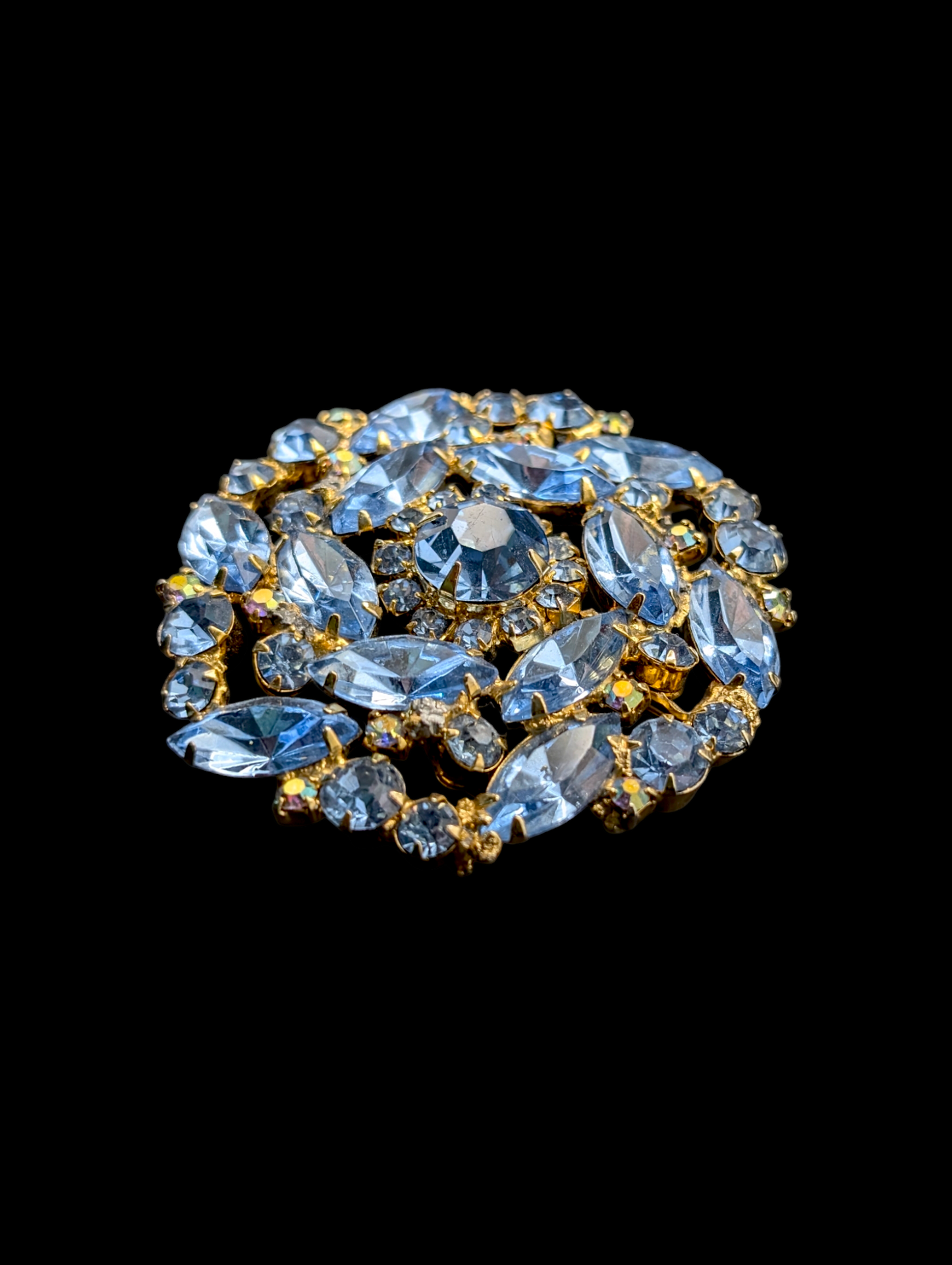 1950s Large Icy Blue Layered Crystal Rhinestone Gold Brooch Pin