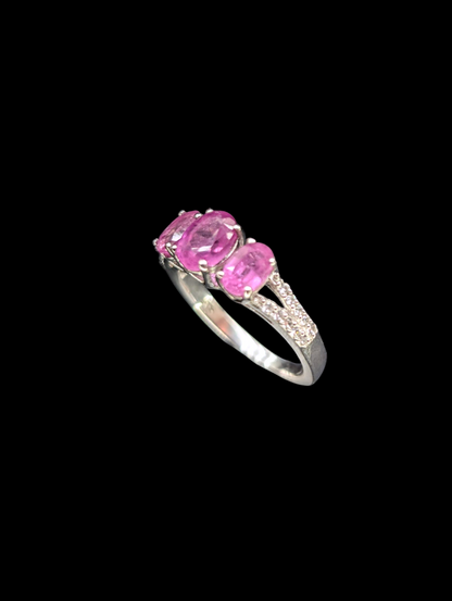 Vintage Three Stone Genuine Ruby and White Topaz Split Shank Sterling Silver Ring