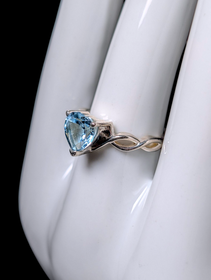 Vintage Heart Cut Genuine Blue Topaz Solitaire Sterling Silver Filigree Ring