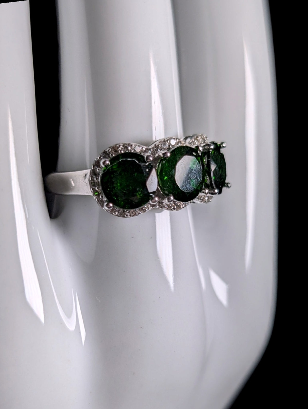 Vintage 3 Stone Row Genuine Chrome Diopside and White Topaz Sterling Silver Ring