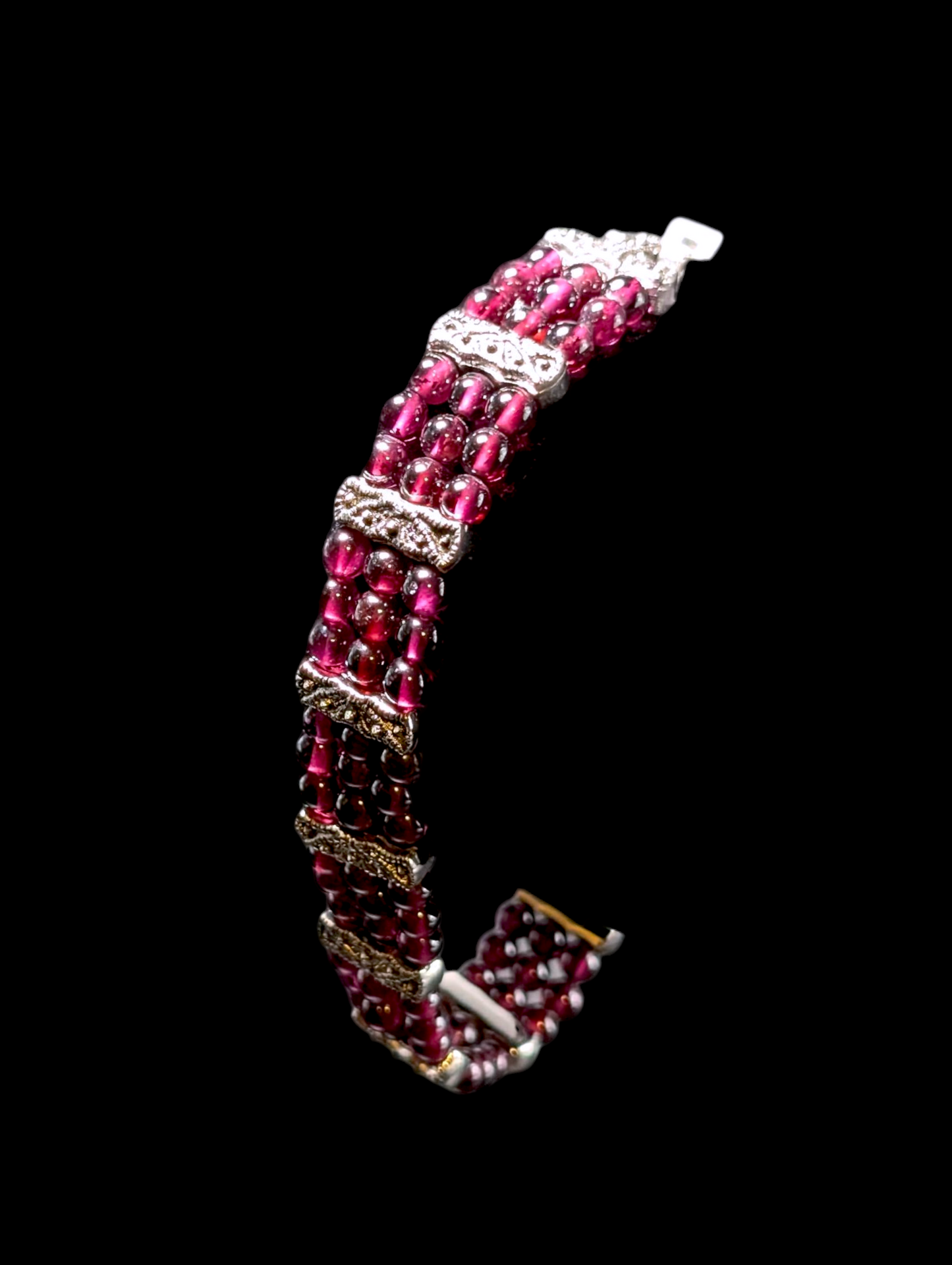 Vintage Three Strand Genuine Rhodolite Garnet Bead Silver Toned Bracelet