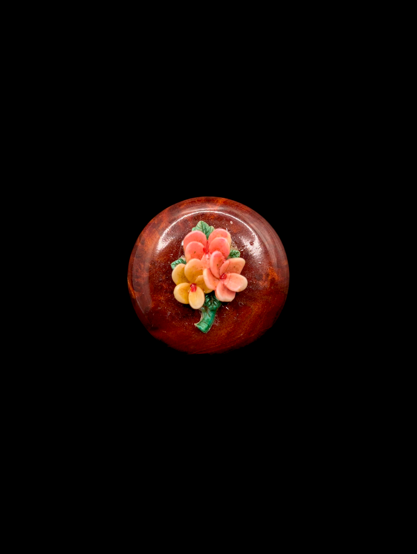 Vintage 1940s Dainty Burl Wood and Celluloid Carved Flower Brooch Pin