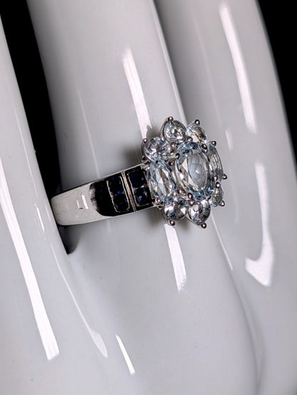 Vintage Starburst Genuine Aquamarine with Royal Blue Topaz Accents Sterling Silver Ring