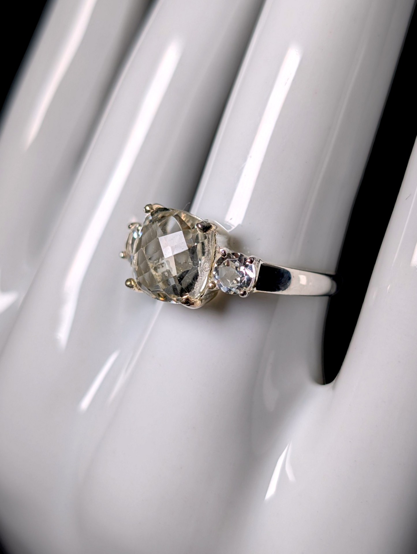 Vintage Cushion Checkerboard Cut Genuine Prasiolite with White Topaz Accent Stones Sterling Silver Ring