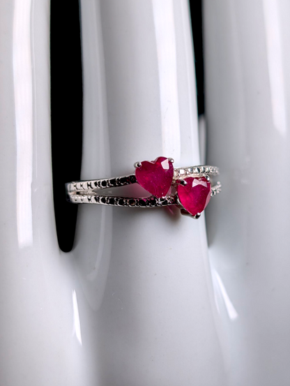 Vintage Double Heart Genuine Ruby Sterling Silver Split Shank Band Ring