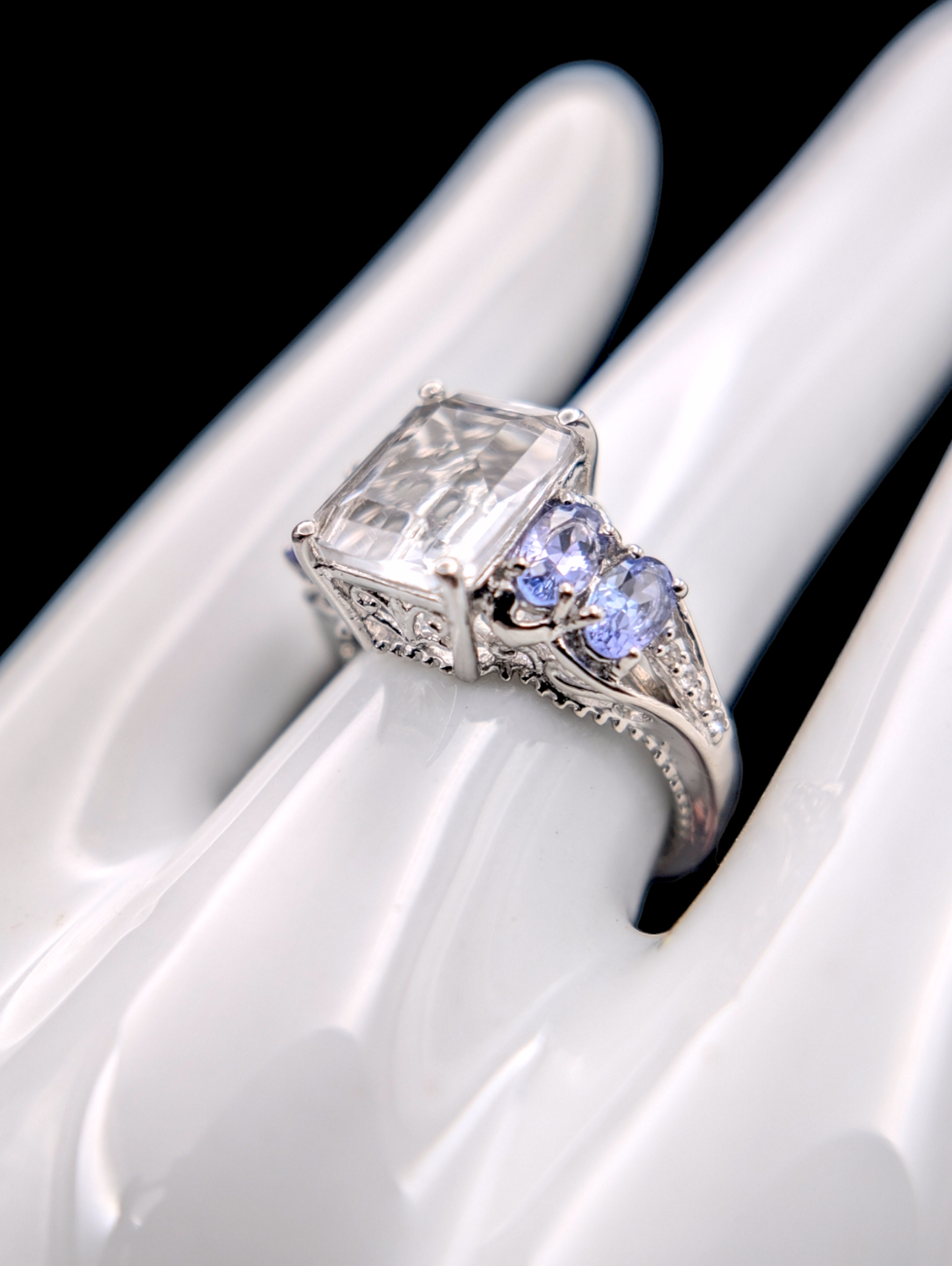 Vintage Inspired Genuine Zircon and Tanzanite Sterling Silver Ring