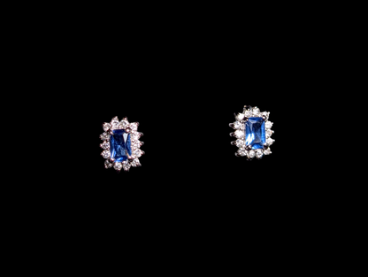 Vintage Inspired Simulated Emerald Cut Sapphire with Simulated Diamond Halo Sterling Silver Stud Earrings