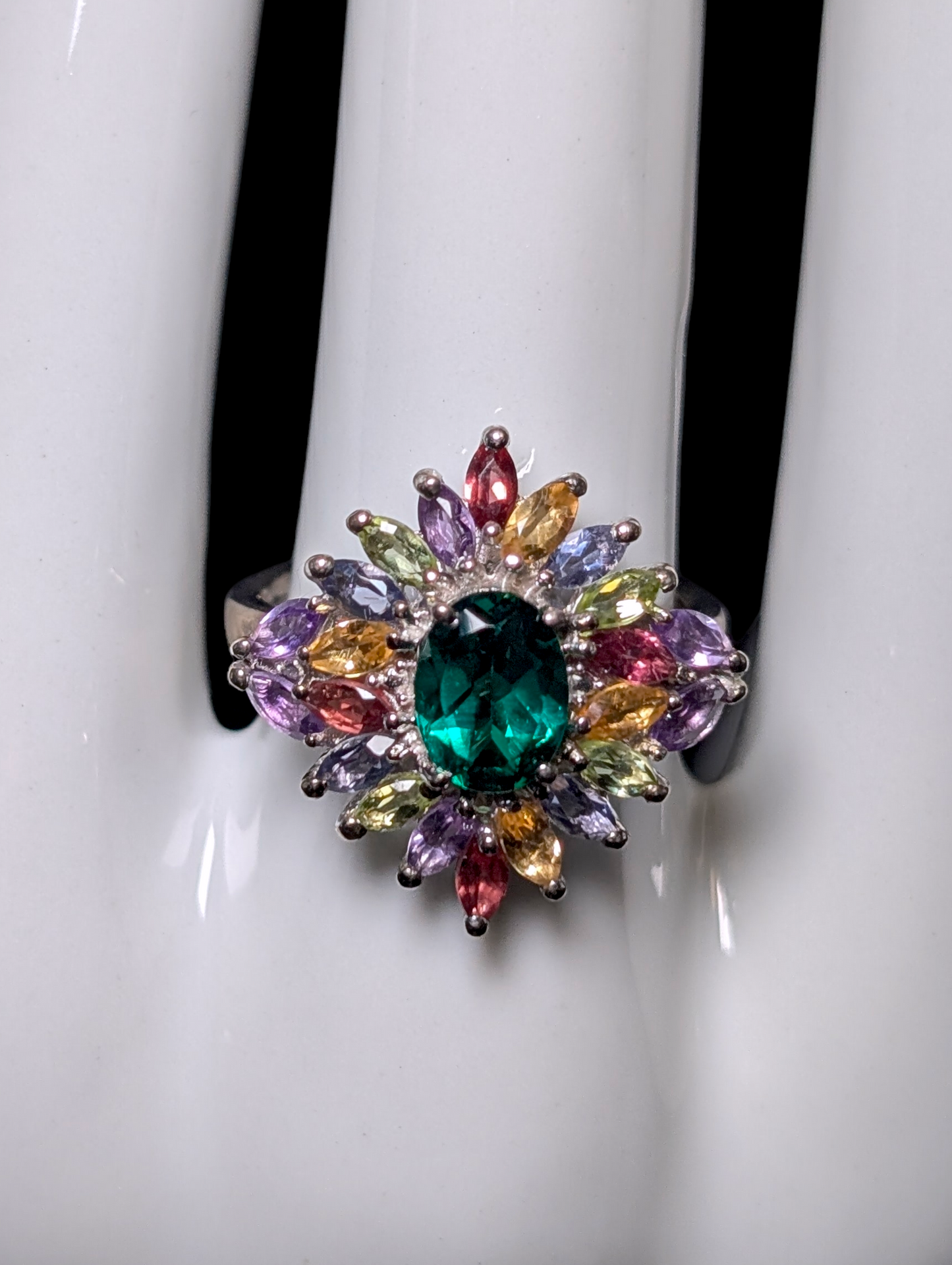 Vintage Genuine Chrome Diopside Solitaire with Multi Gemstone Starburst Cluster Sterling Silver Statement Cocktail Ring