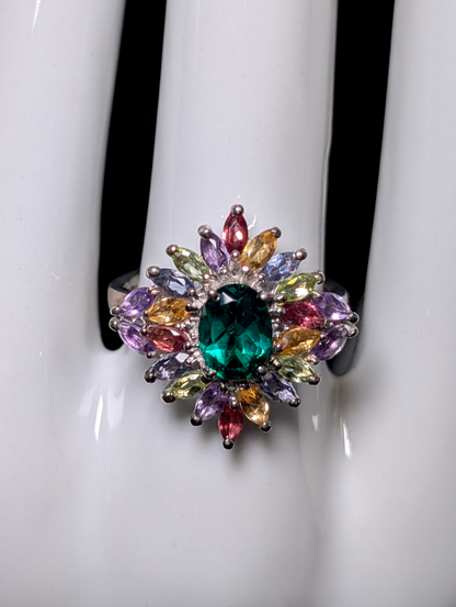 Vintage Genuine Chrome Diopside Solitaire with Multi Gemstone Starburst Cluster Sterling Silver Statement Cocktail Ring
