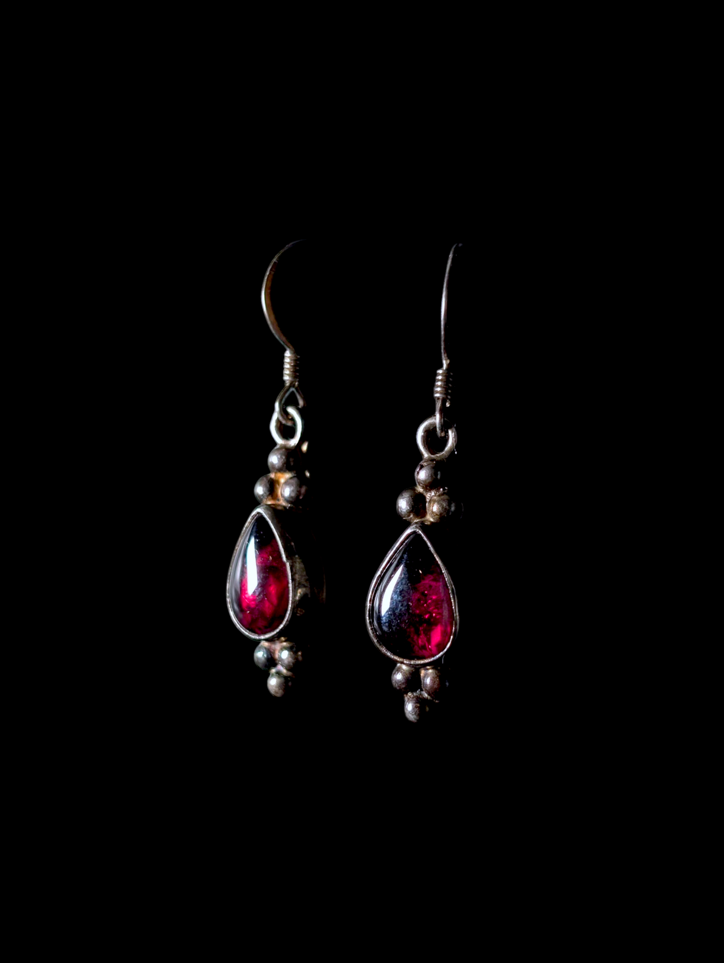 Vintage Tear Drop Cabochon Genuine Rhodolite Garnet Sterling Silver Earrings