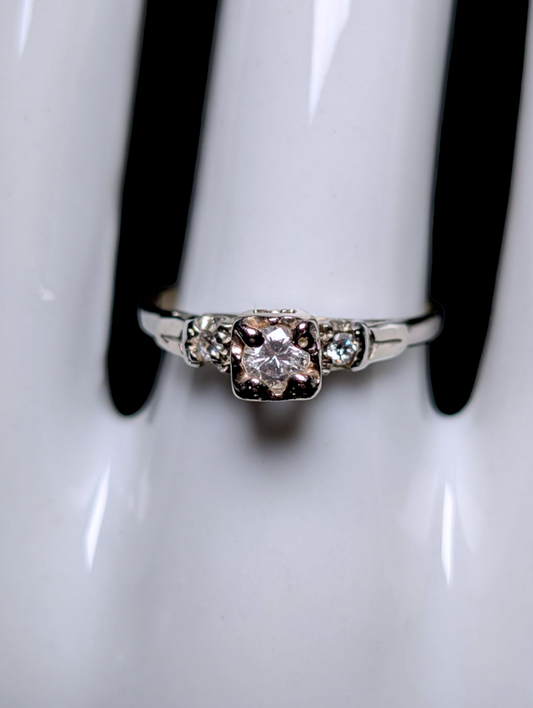 1920s-1930s 14k White Gold European Round Cut Genuine Earth Mined Diamond Engagement Ring