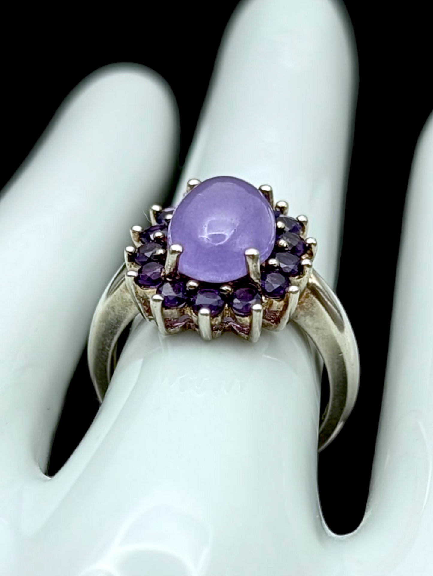 Vintage Cabochon Solitaire Genuine Lavender Jade and Grape Amethyst Halo Sterling Silver Ring