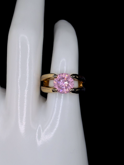 Vintage Round Brilliant Cut Simulated Pink Diamond Solitaire Split Shank Gold Toned Statement Cocktail Ring