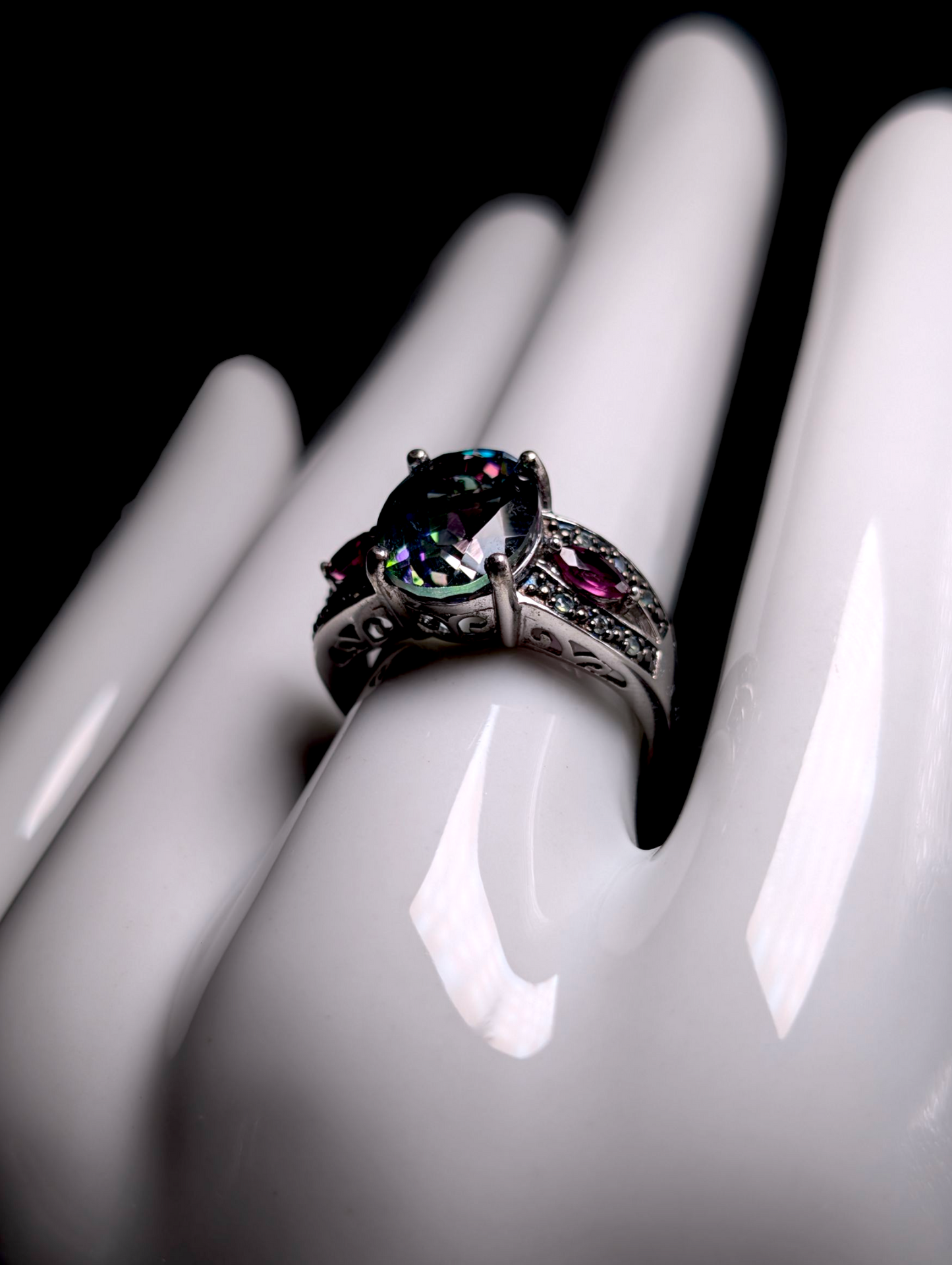 Vintage Inspired Oval Cut Genuine Nigerian Mystic Topaz with Rhodolite Garnet and Tsavorite Garnet Accent Stones Sterling Silver Ring