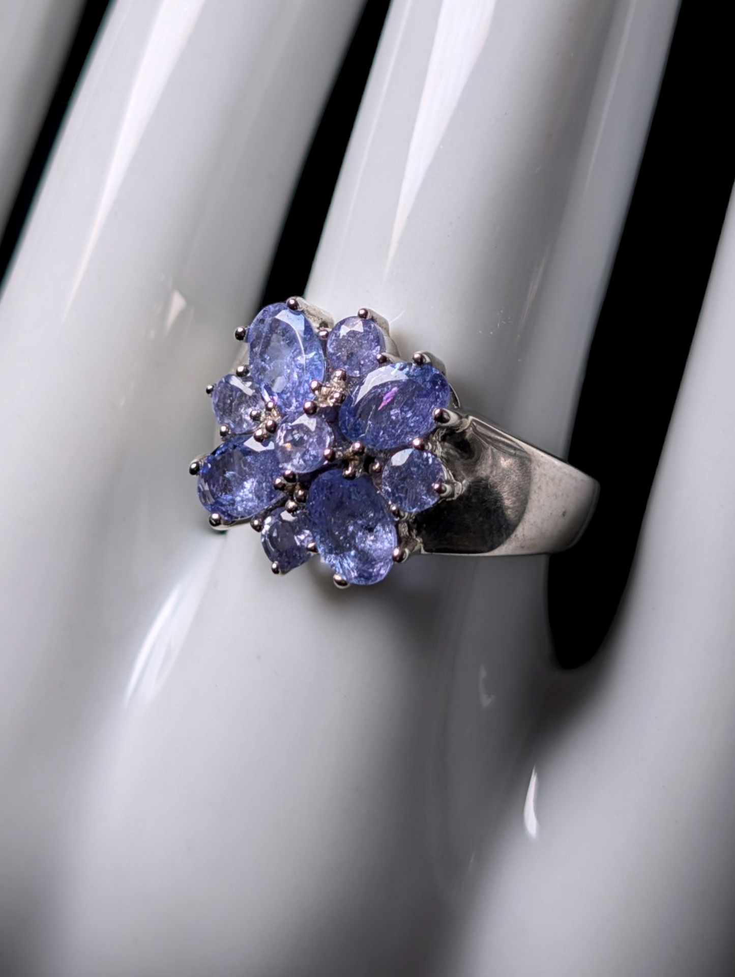 Vintage Earth Mined Genuine Tanzanite Dazzling Flower Cluster Sterling Silver Ring