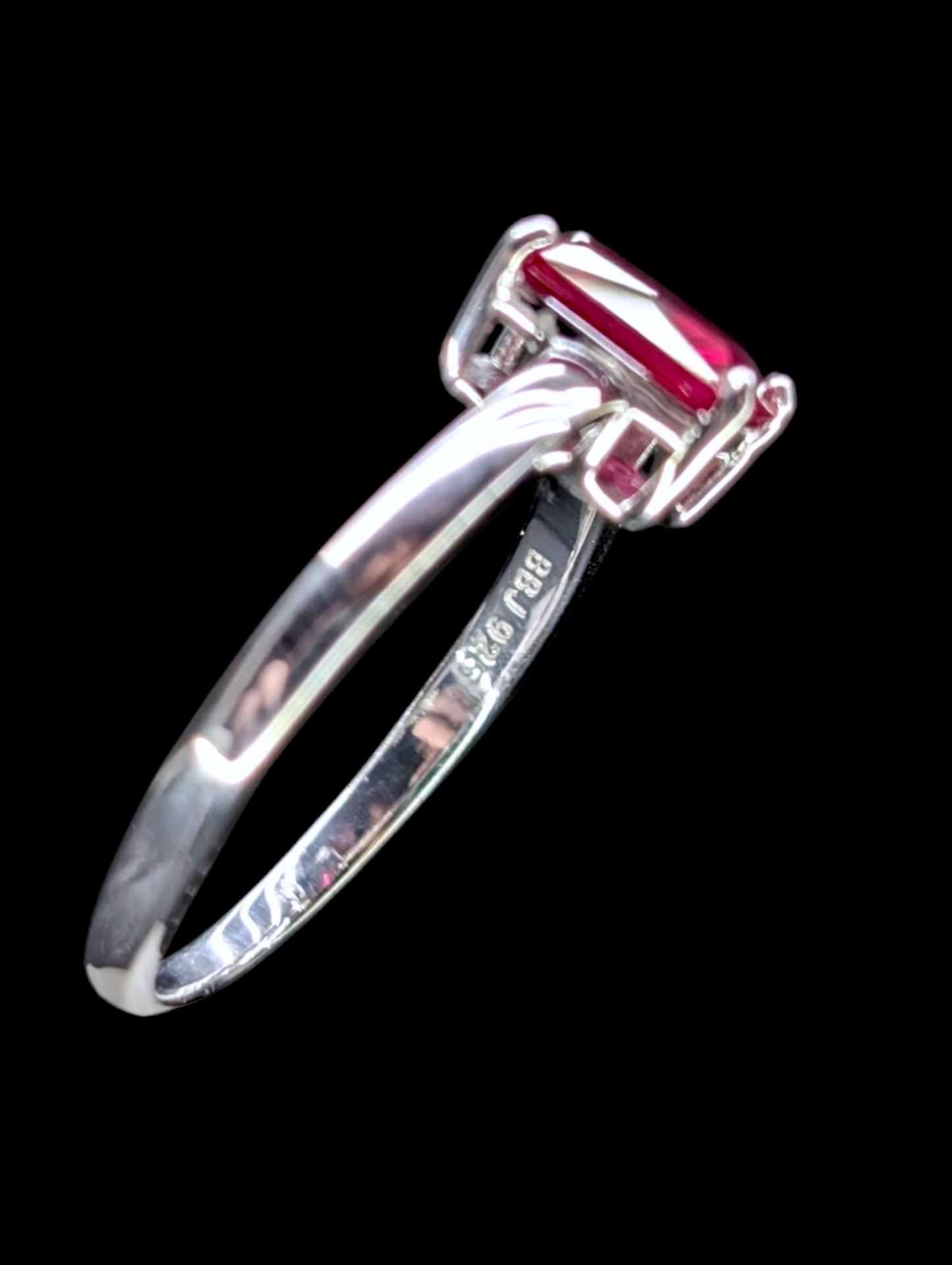 Vintage Radiant Cut Genuine Ruby Solitaire Rhodium Over Sterling Silver Ring