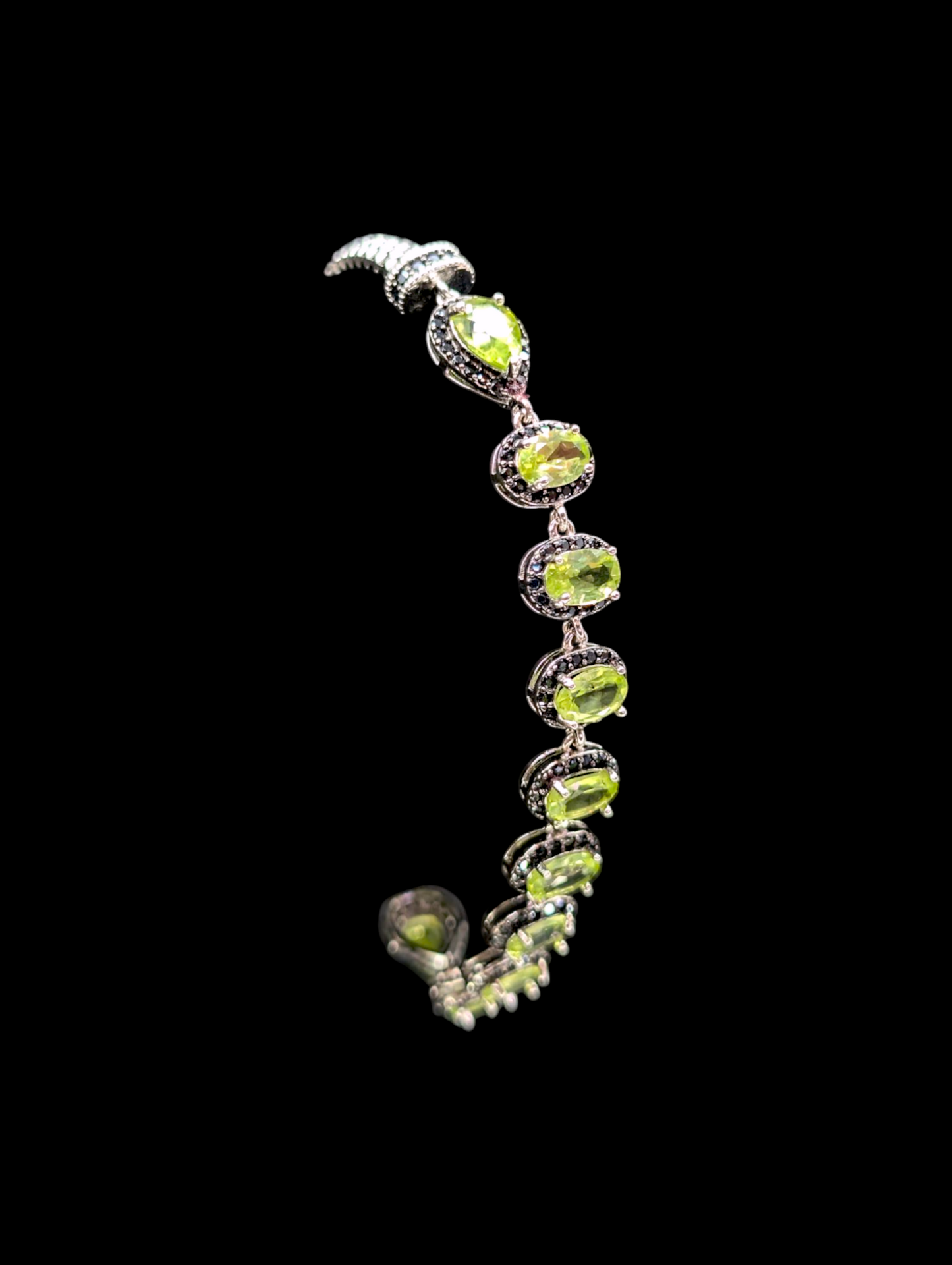 Vintage Genuine Peridot and Black Spinel Gemstone Sterling Silver Tennis Bracelet