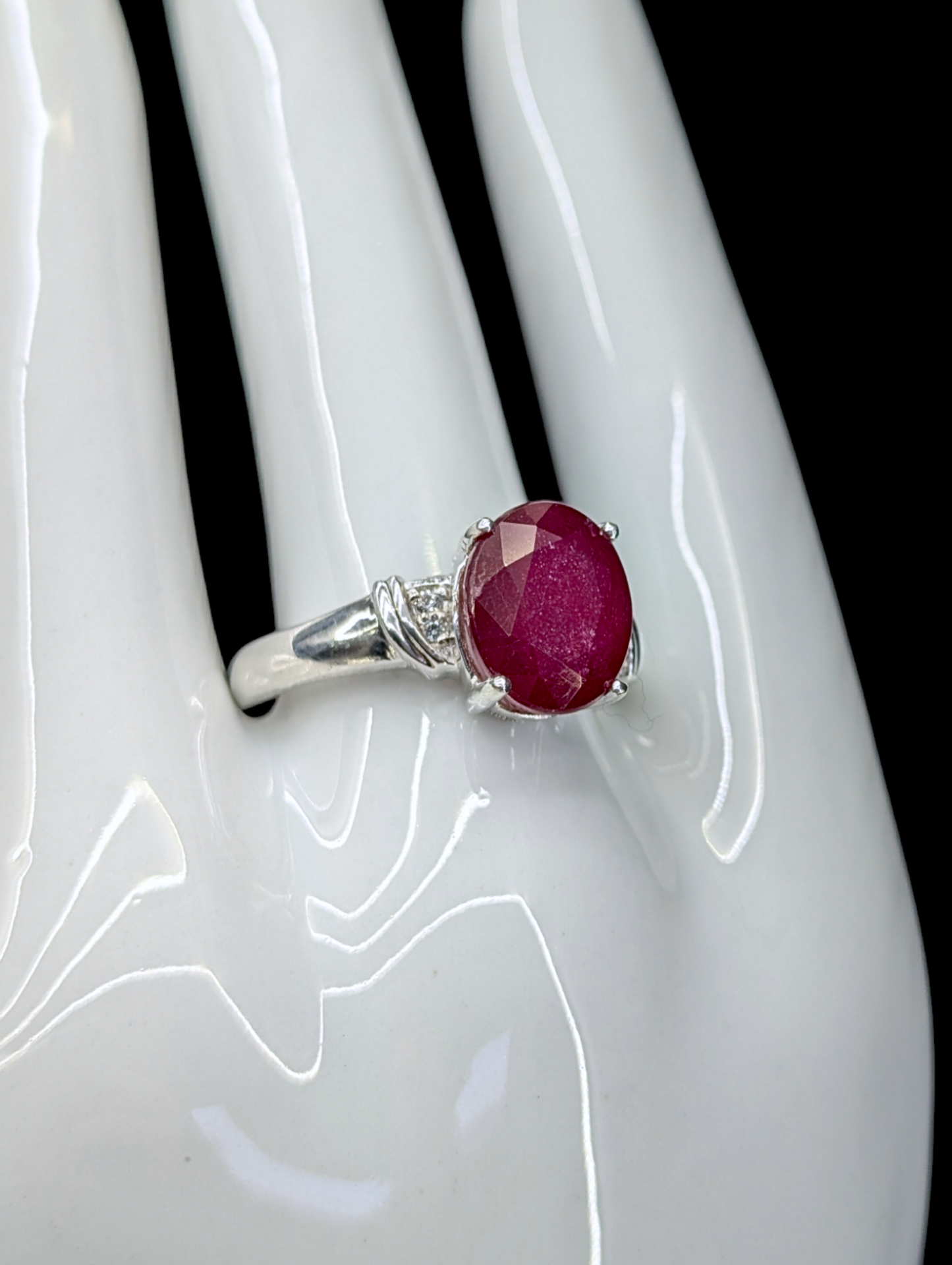 Vintage Large Oval Cut 5 Carat Genuine Ruby Solitaire and Genuine White Topaz Sterling Silver Ring