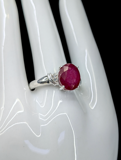 Vintage Large Oval Cut 5 Carat Genuine Ruby Solitaire and Genuine White Topaz Sterling Silver Ring