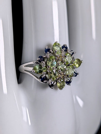 Vintage Genuine Peridot, Topaz and Sapphire Cluster Starburst Sterling Silver Ring